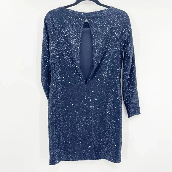 Tibi Sequin Cocktail Dress Womens Sz XS Blue Long Sleeve Shift Mini Keyhole Back - Picture 3 of 5